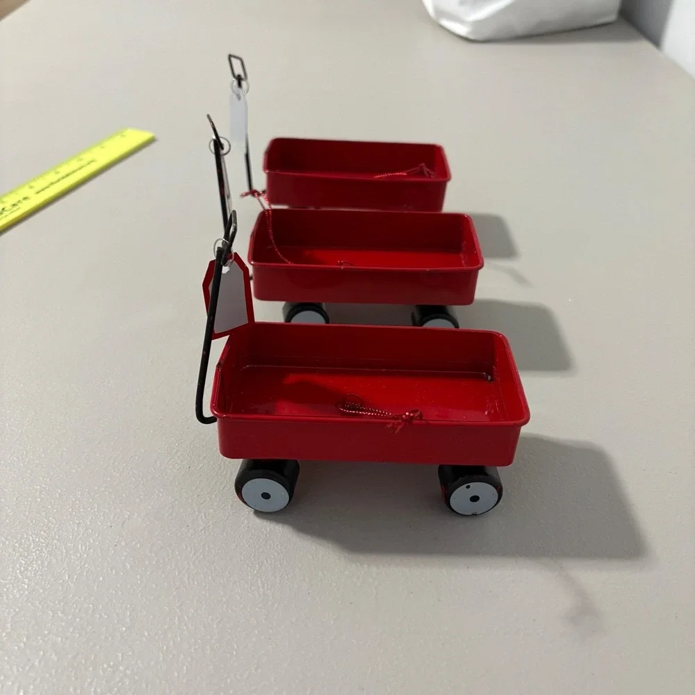 Set of 3 Miniature Red Metal‎ Merry Christmas Wagons Holiday Decor Ornaments